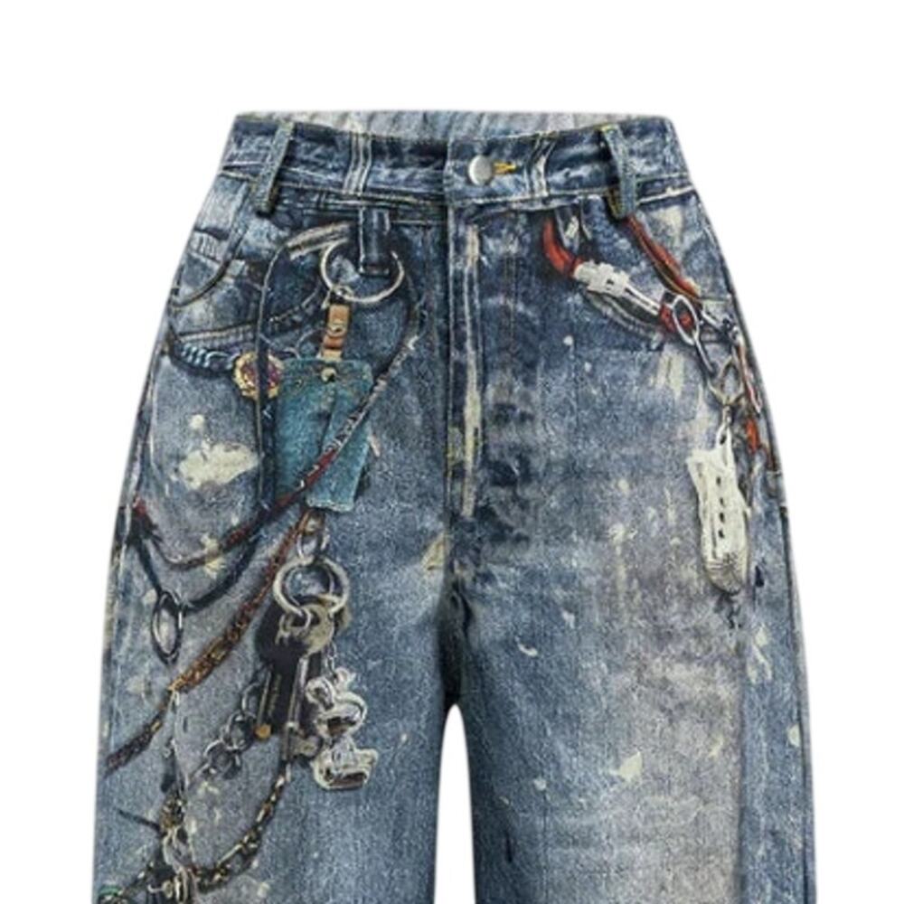 Micas Printed Distressed Denim Effect Wide Leg Trousers 0XL NWT Streetwear
